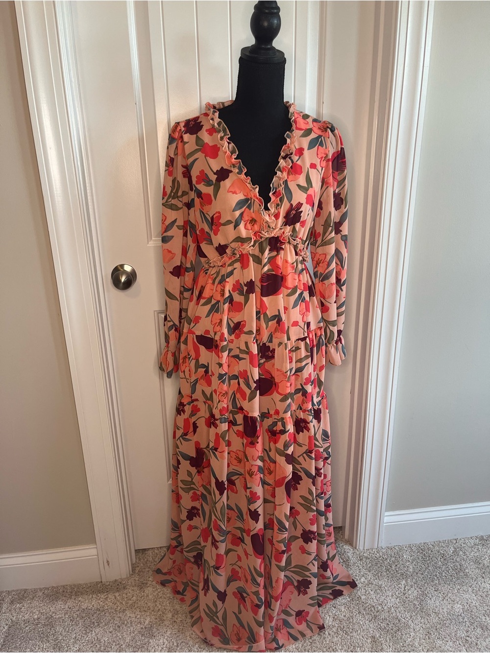 Peach Floral Ruffle V-Neck Maxi Dress